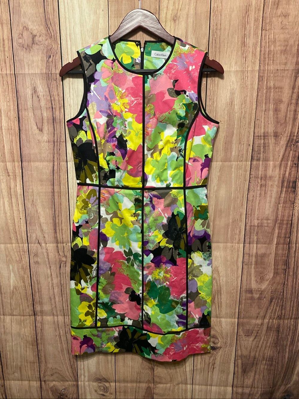 Calvin Klein 8 floral multicolor watercolor style dress green pink sleeveless